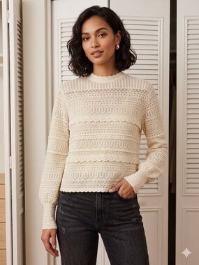 Zara Cream Lace Openwork Mockneck Sweater
